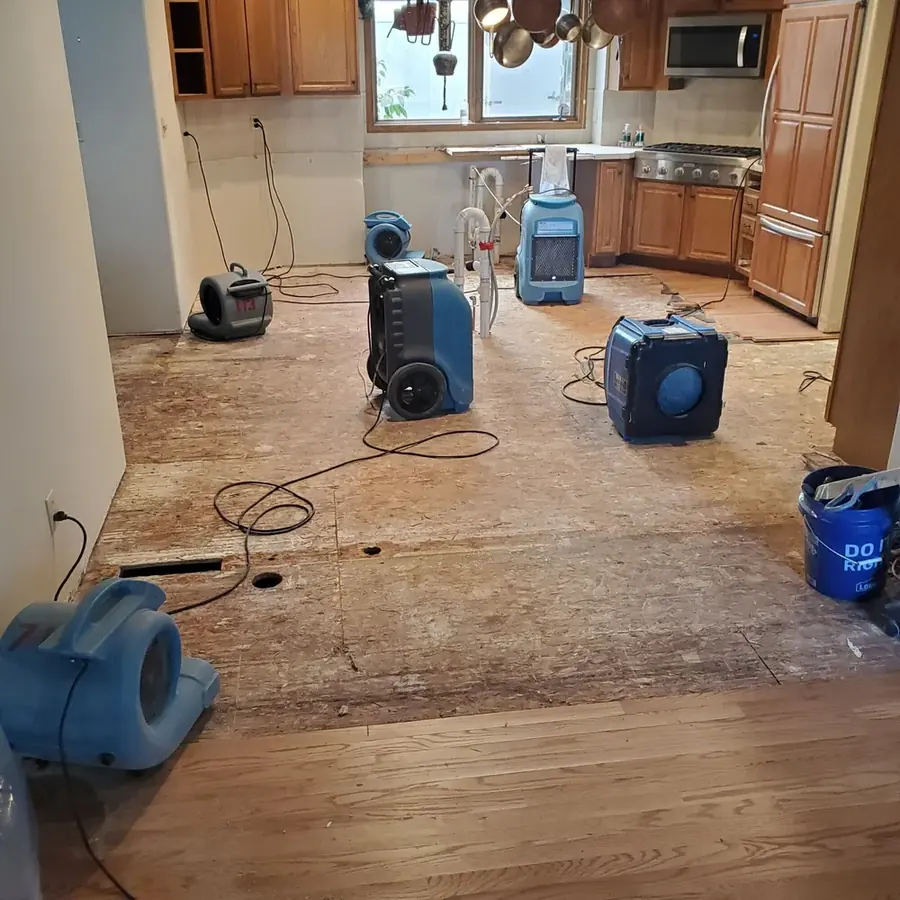 Air movers drying a room after a leak